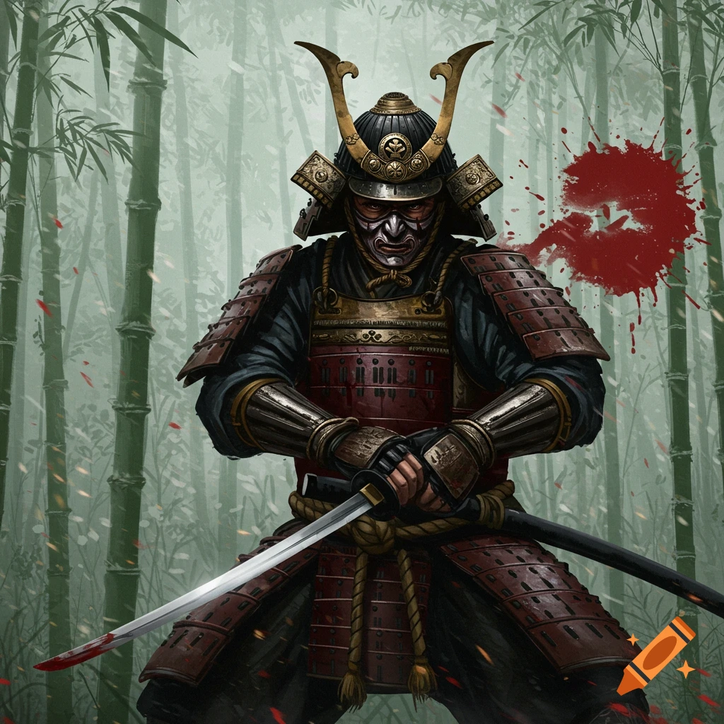 A samurai in armor holding a sword in a bamboo forest.
