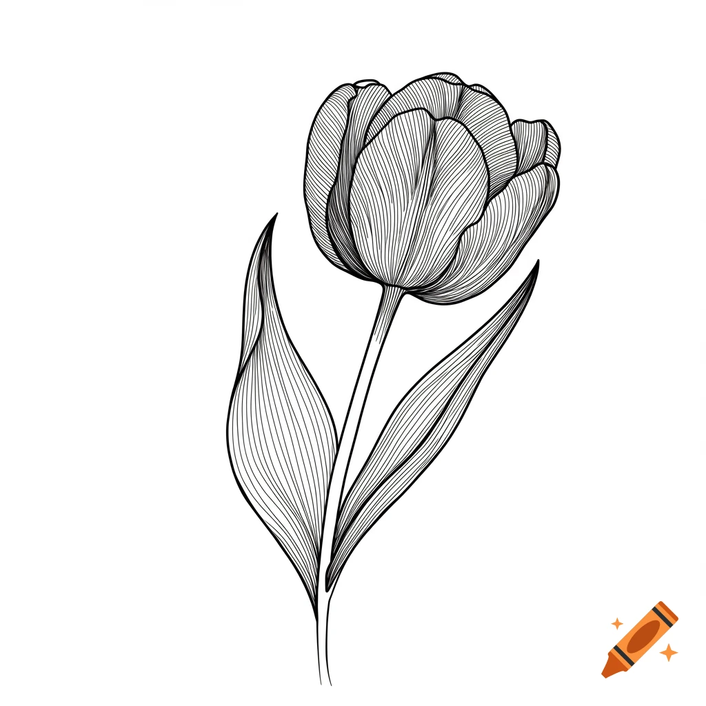 Black and white line drawing of a tulip flower.
