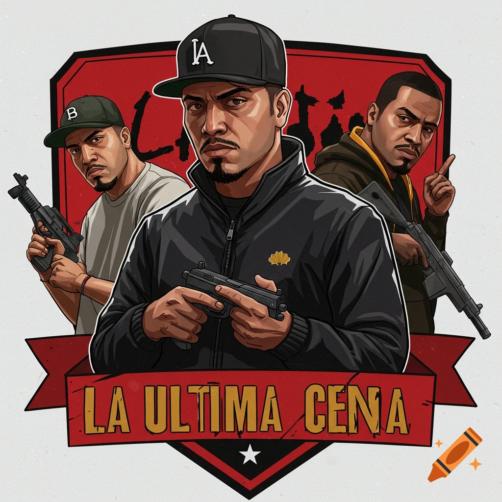 Stylized illustration of three men holding guns in front of a red emblem with the text 'LA ULTIMA CENA'