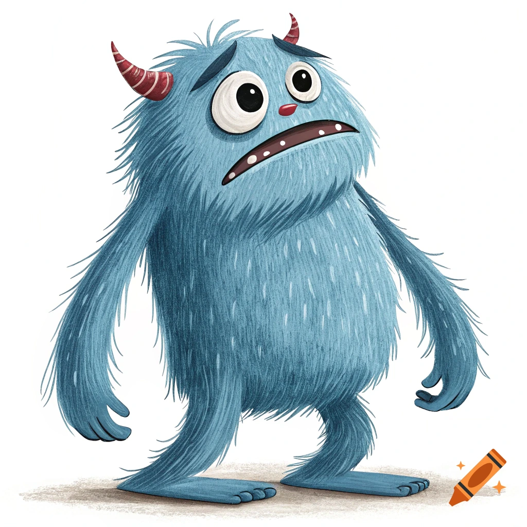 Illustration of a sad blue furry monster with red horns and big eyes.