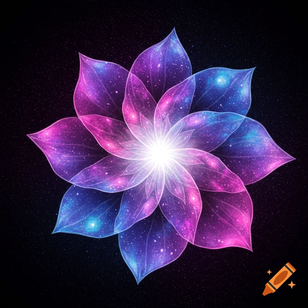 A glowing purple and blue galaxy flower with stars on a black background.