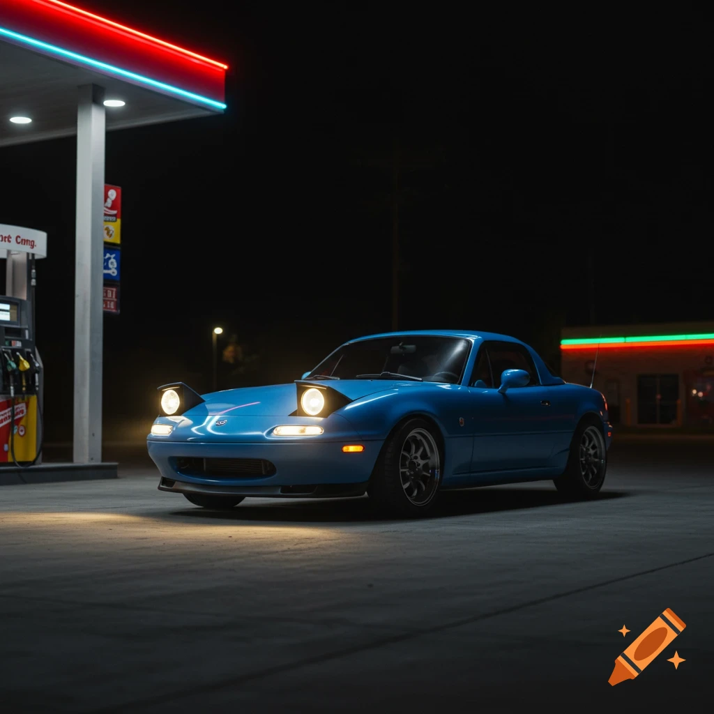 Blue Mazda Miata parked at a gas station at night with pop-up headlights raised.