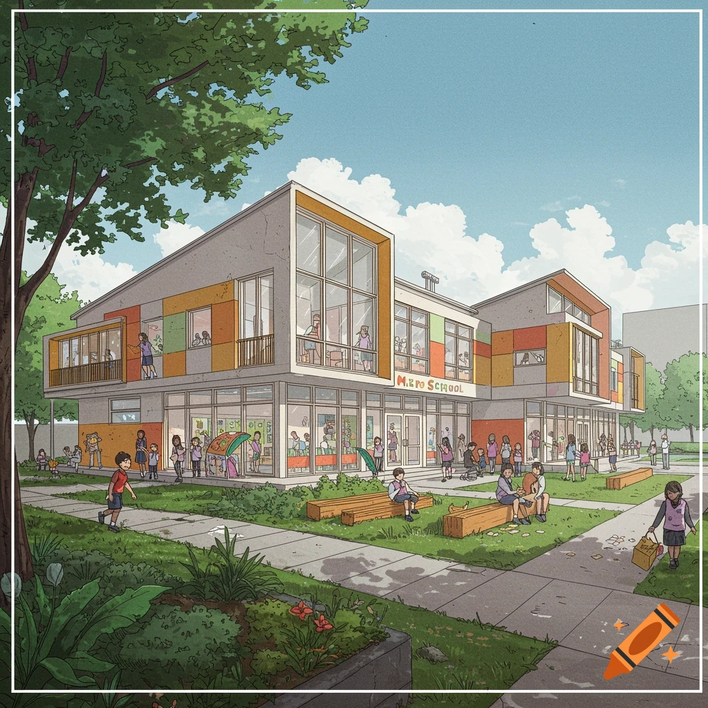 Illustration of a modern school building with large windows, students, trees, and grass.