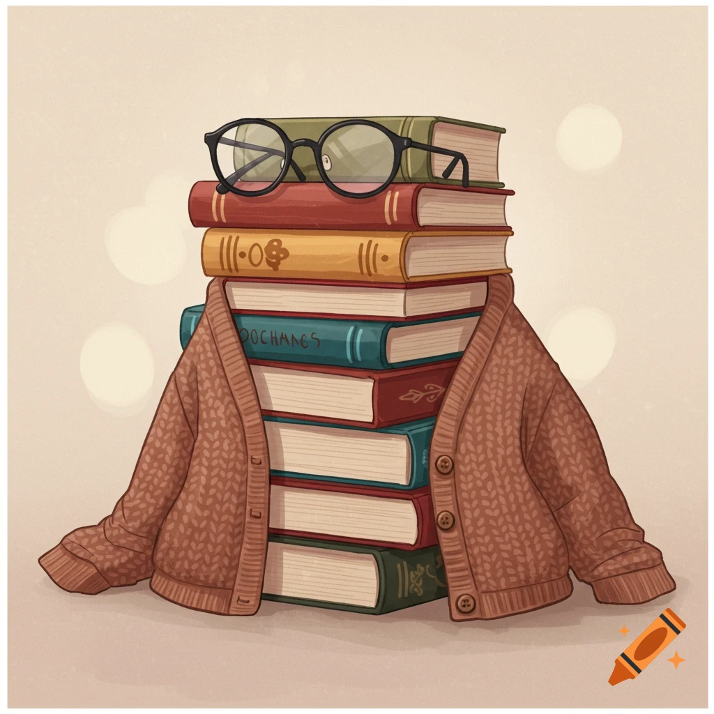 A stack of books wearing a brown cardigan and cat eye glasses.
