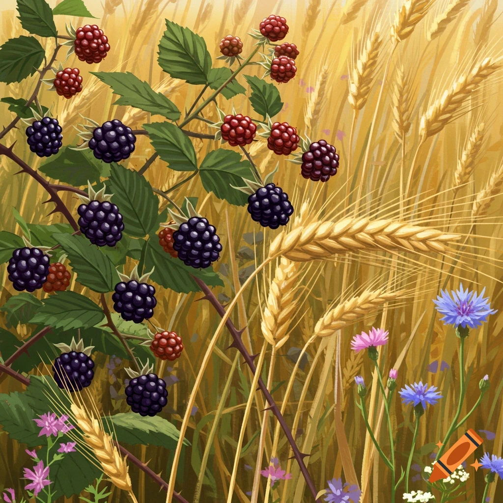 Blackberries, barley, and wildflowers in a field.