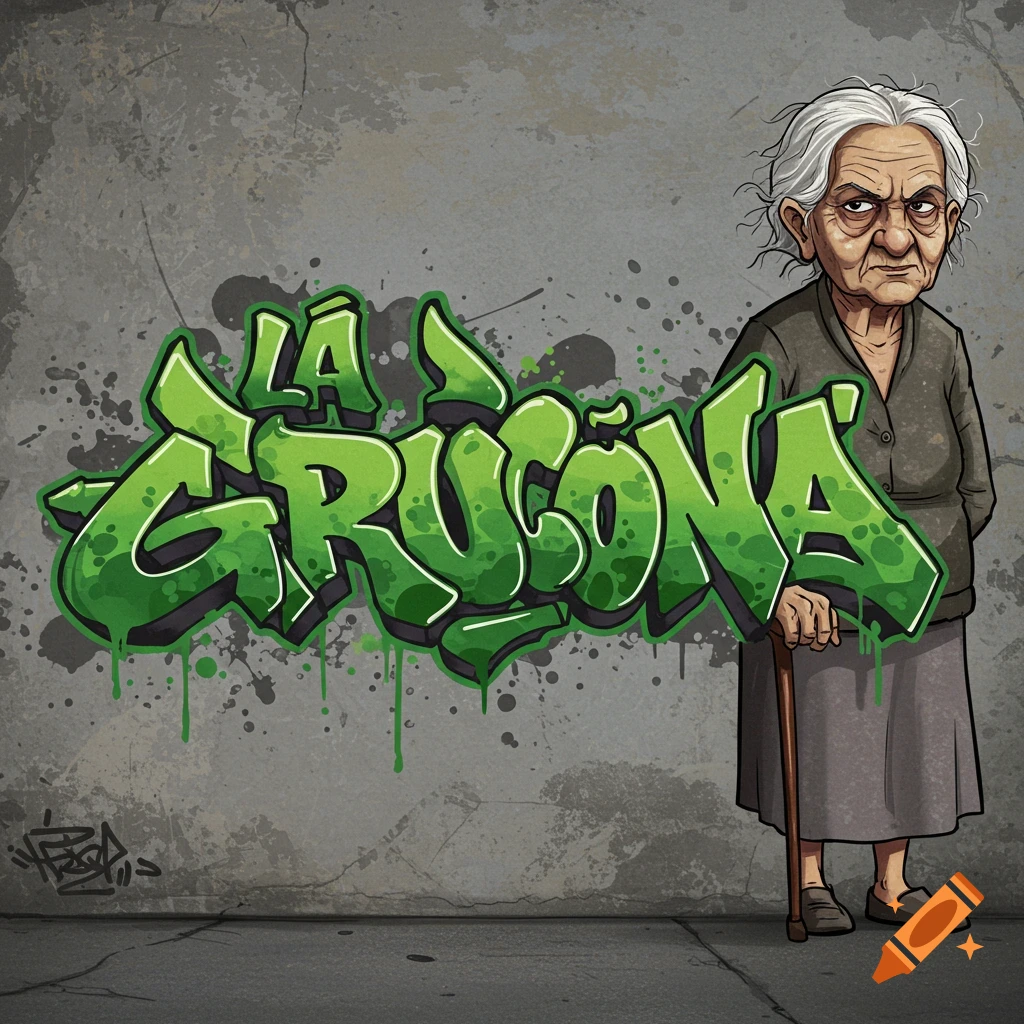 A digital illustration of a grumpy old woman standing next to green graffiti on a concrete wall.