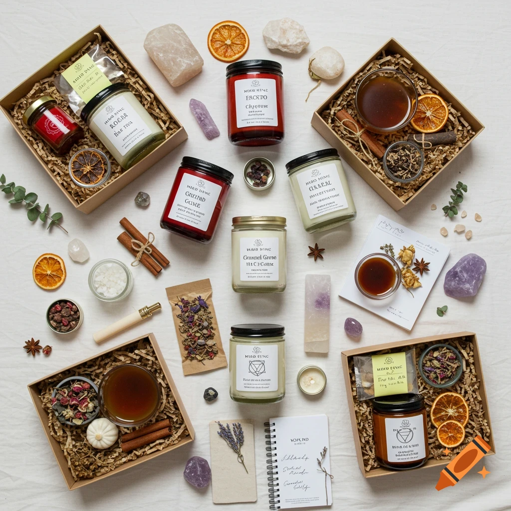 Flat lay of wellness kits, candles, crystals, herbs, and dried fruit on a white background.
