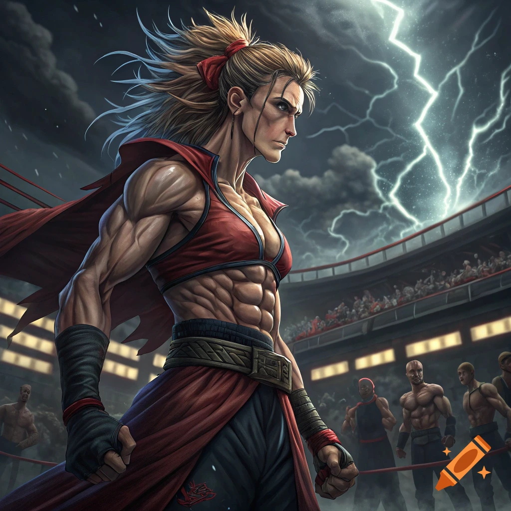 Muscular anime fighter with blonde hair in red outfit standing in arena with lightning.