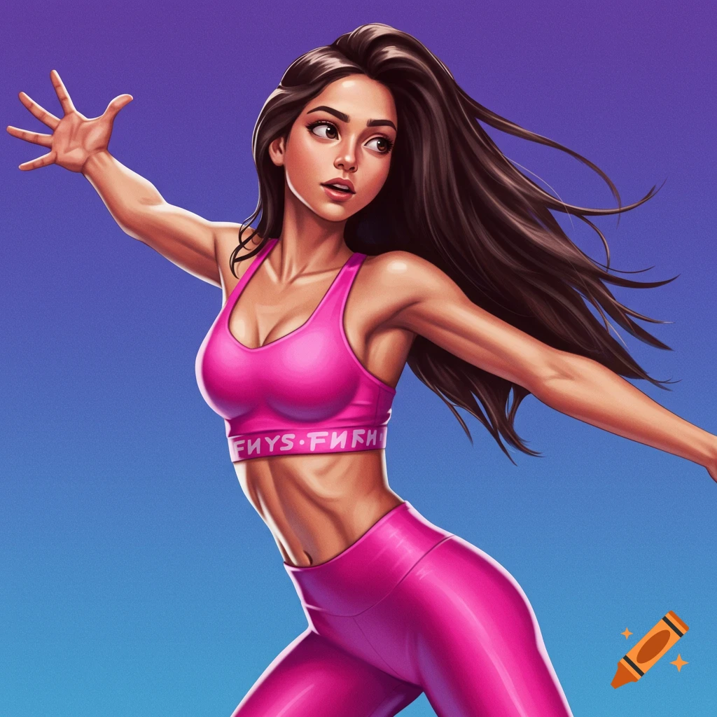 A woman in pink gym wear striking a dynamic pose on a gradient background