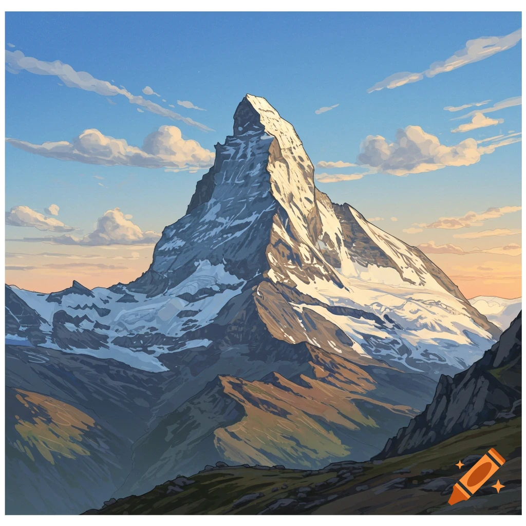 A snow-capped mountain peak against a blue sky with clouds.