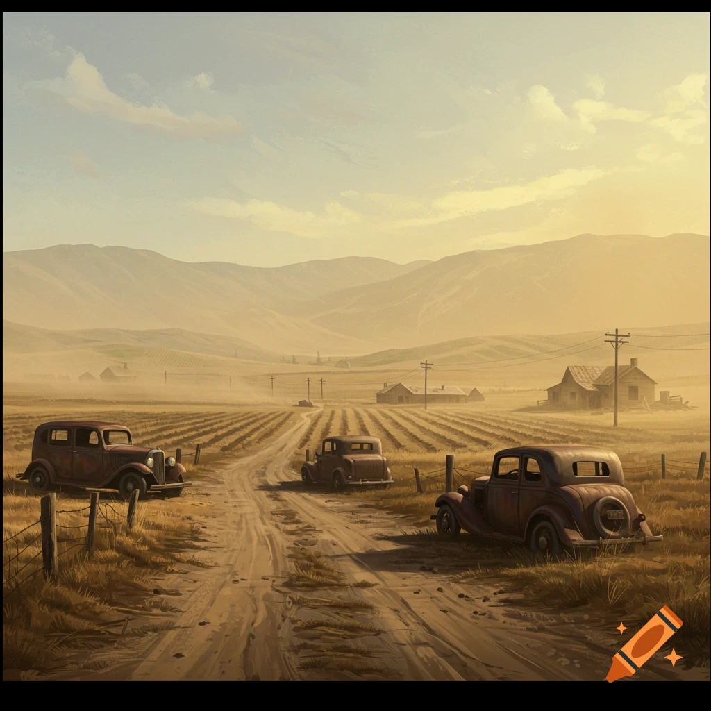 A dusty road with three old cars leads through crops towards farm buildings in a hazy valley