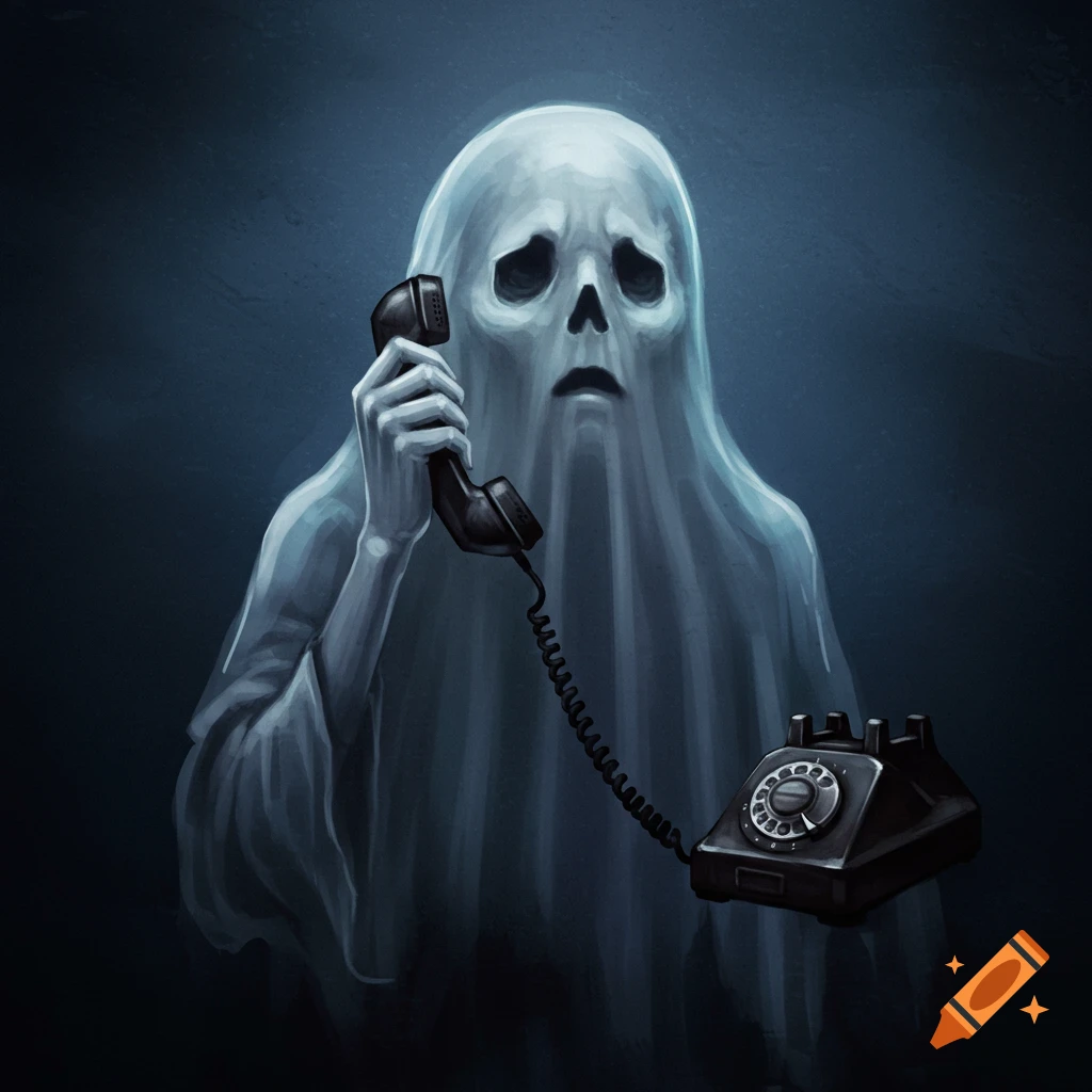 A sad ghost holding a phone receiver to its ear, with an old rotary phone on a dark background.