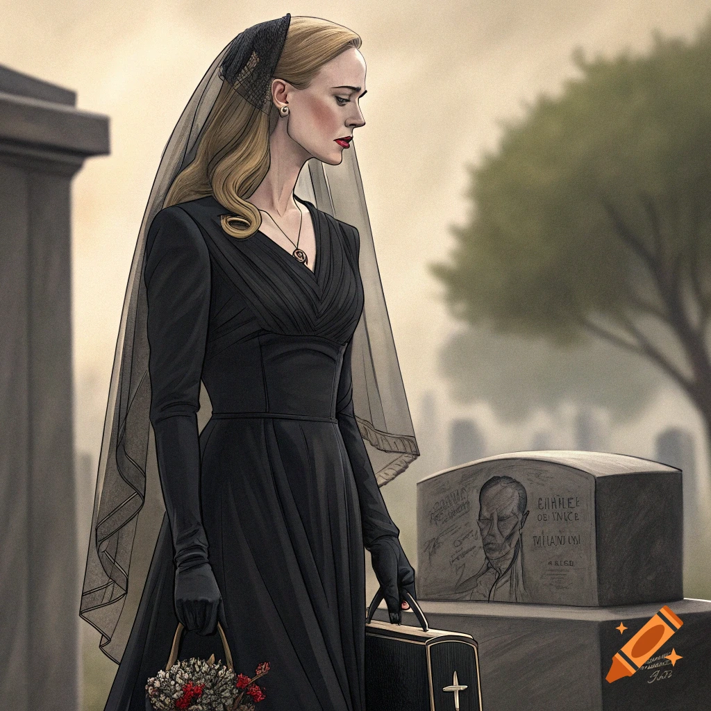 Woman in black dress and veil stands by a grave in a cemetery