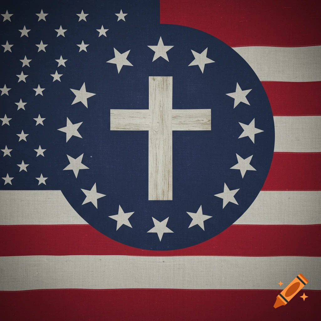 Weathered American flag with a Christian cross centered among the stars.