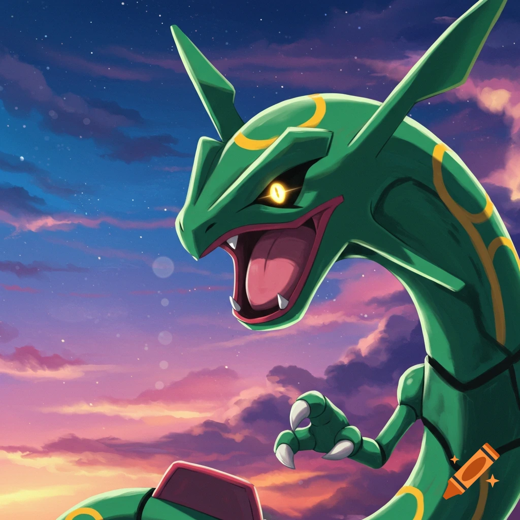 A profile picture of the green dragon Pokemon Rayquaza against a dramatic cloudy sky.