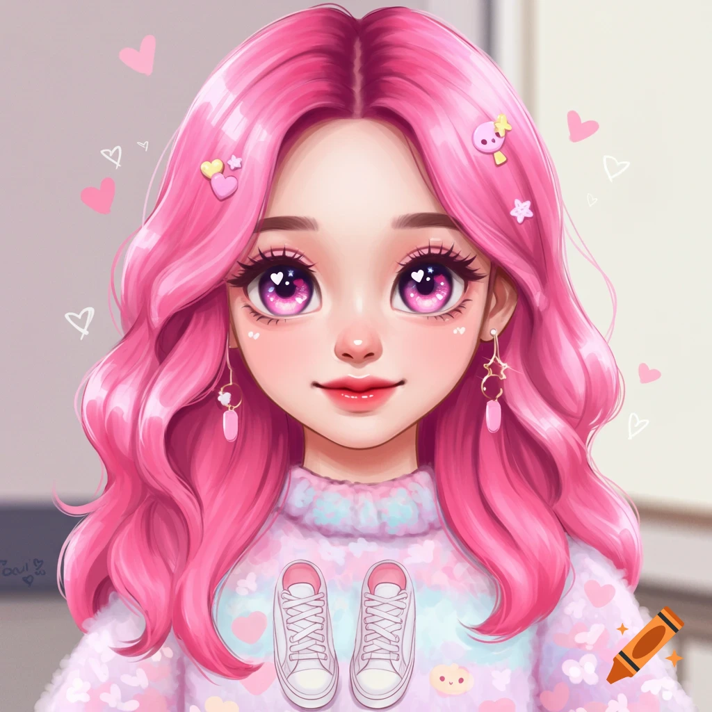 A cute girl with pink hair and large eyes wearing a sweater with hearts and sneakers.