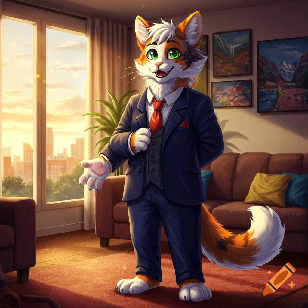 A calico cat fursona in a suit stands in a sunny living room with city views.