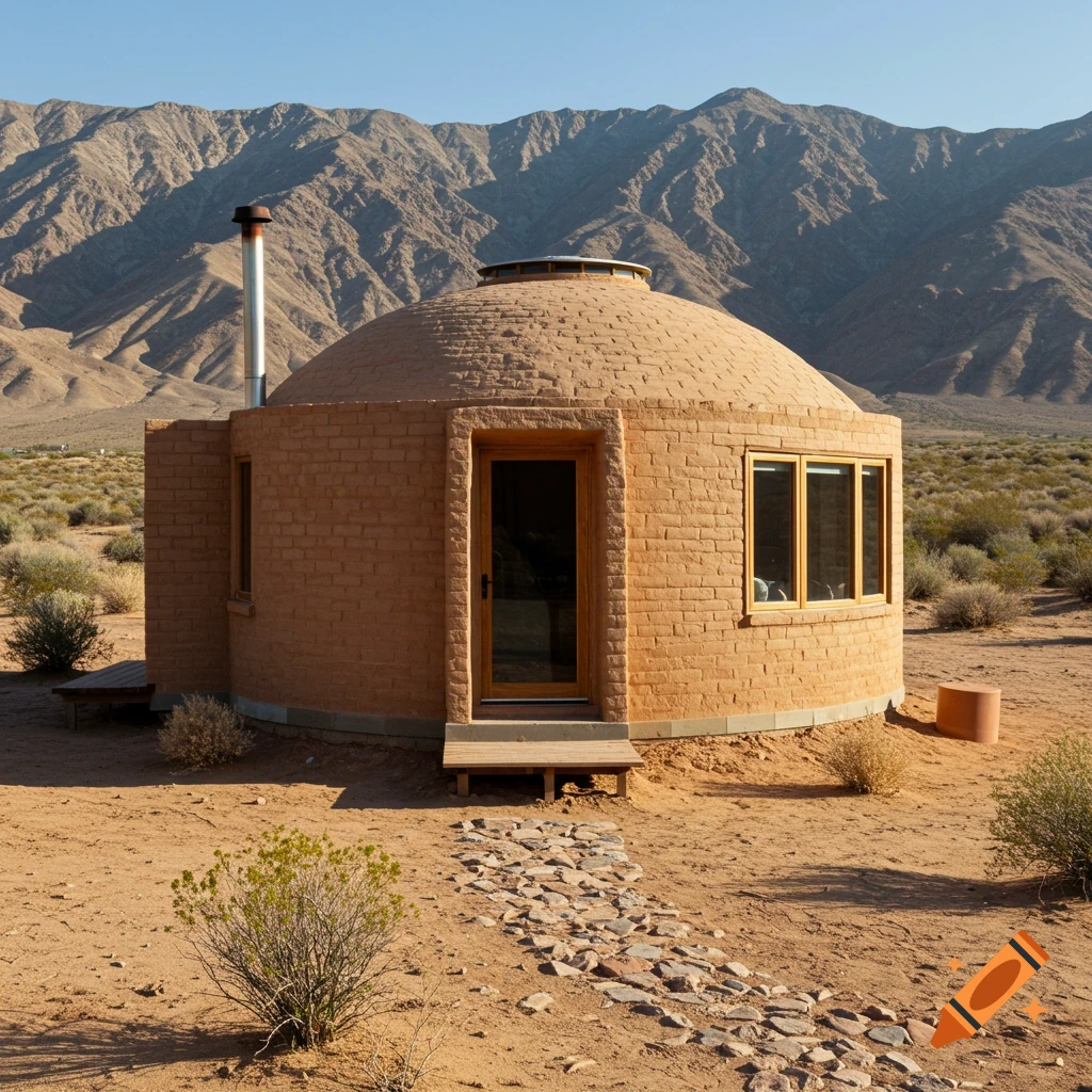 A dome-shaped adobe-like house in a desert landscape with mountains in the background.