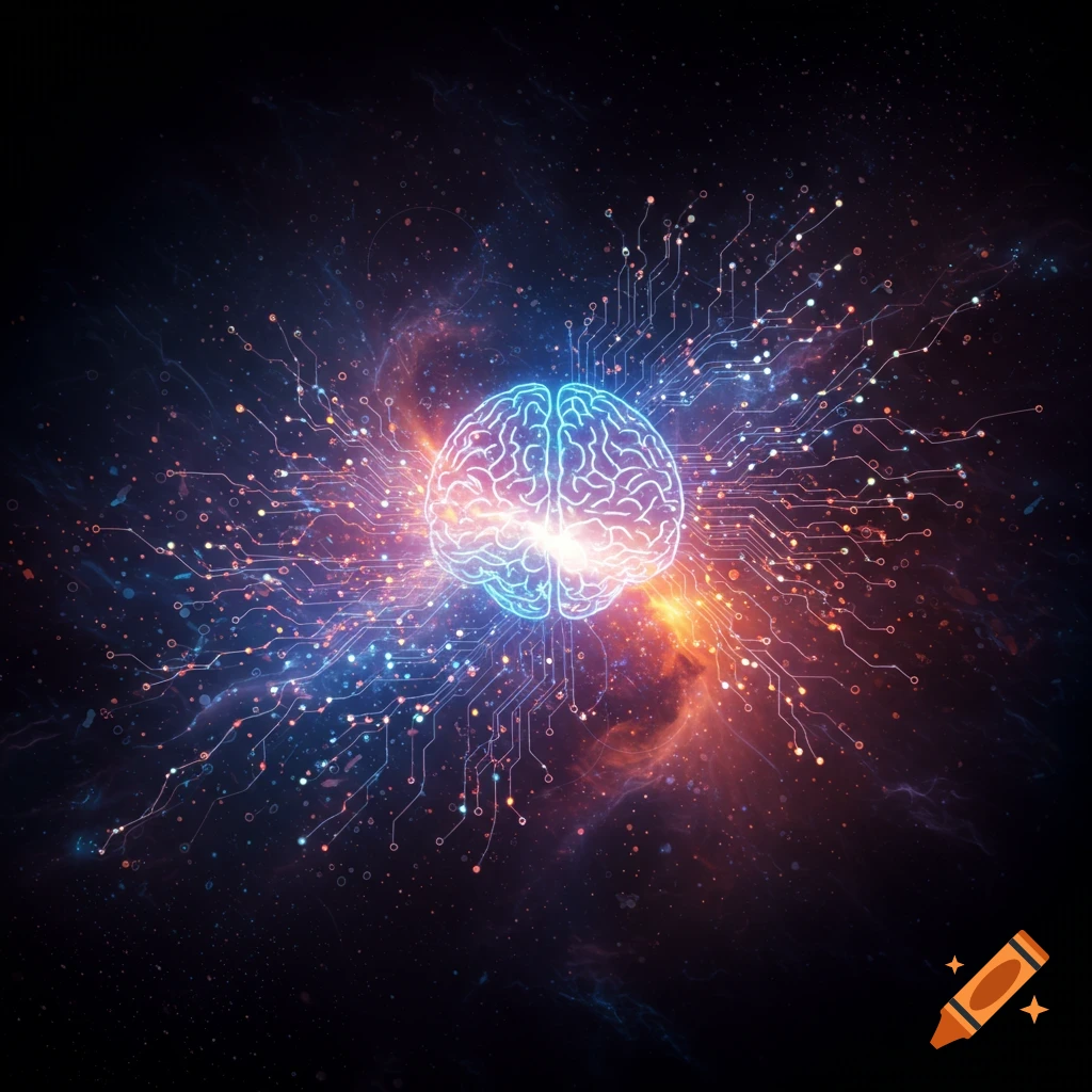 A glowing, stylized brain connected to circuitry in a dark, cosmic background with nebulous energy.