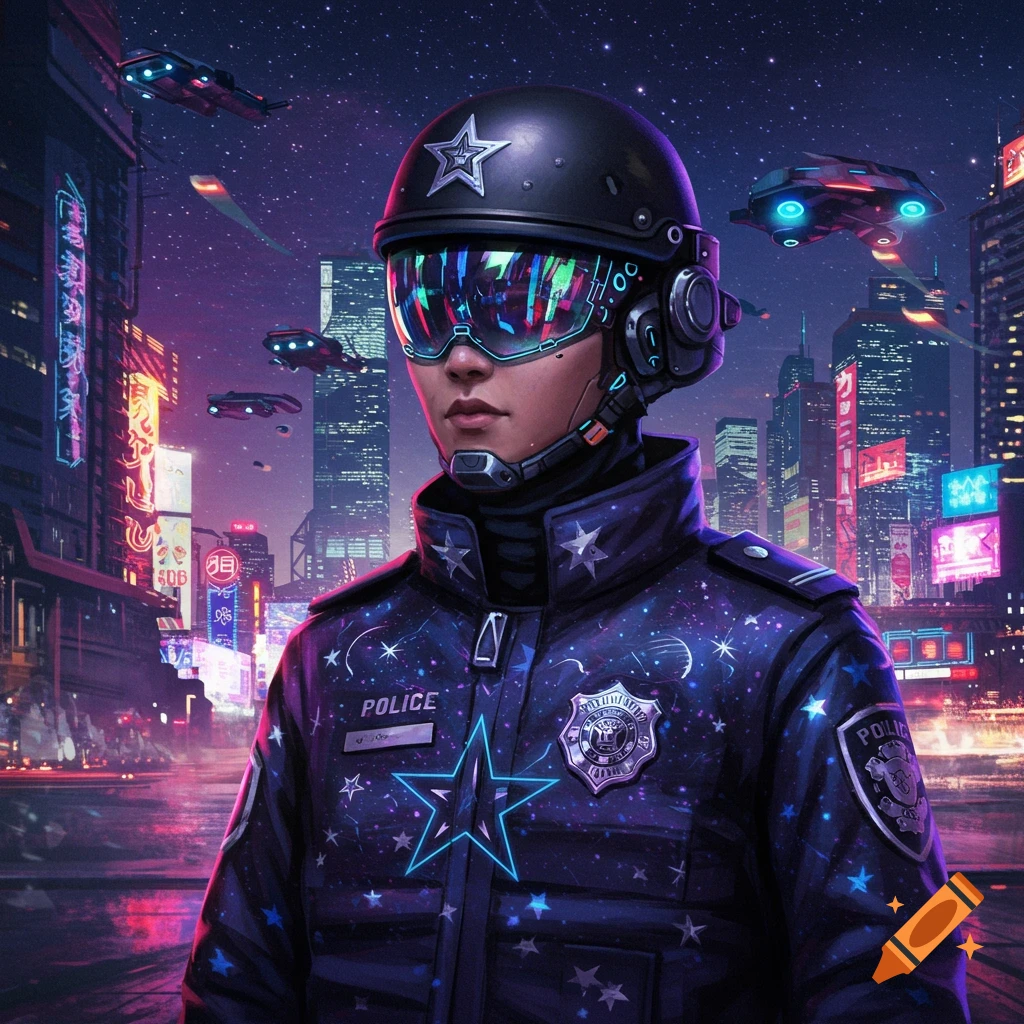 A futuristic police officer in a starry uniform stands in a neon-lit city with flying vehicles.