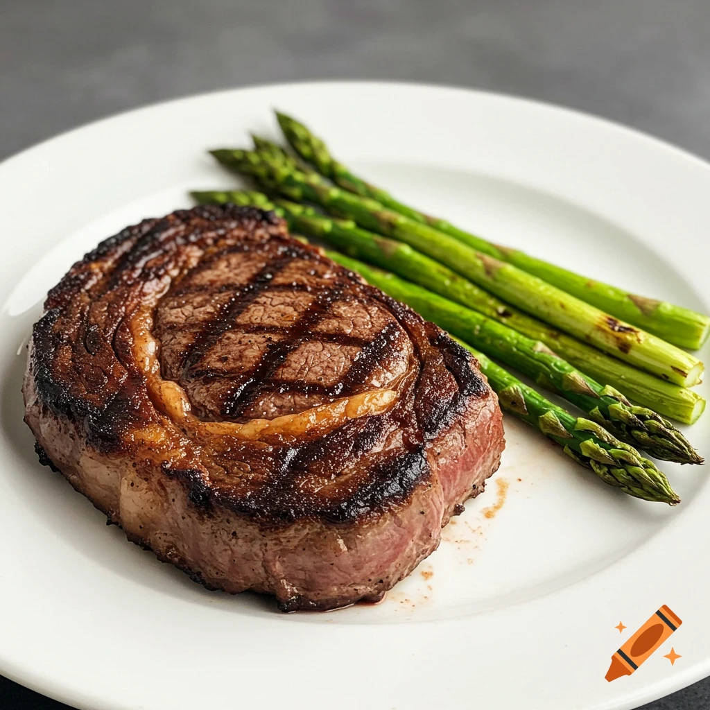 A pan-seared ribeye steak with grill marks and asparagus on a white plate.