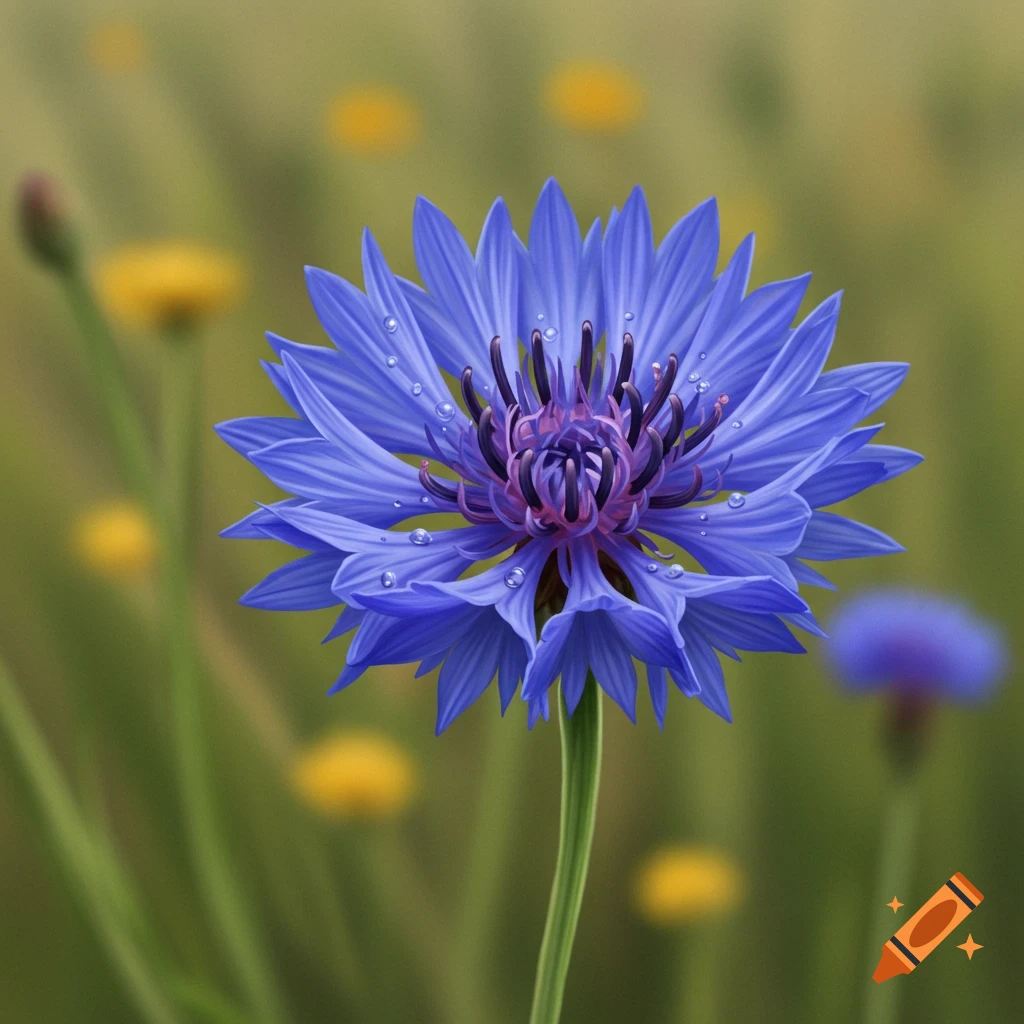 A blue cornflower covered in water droplets.