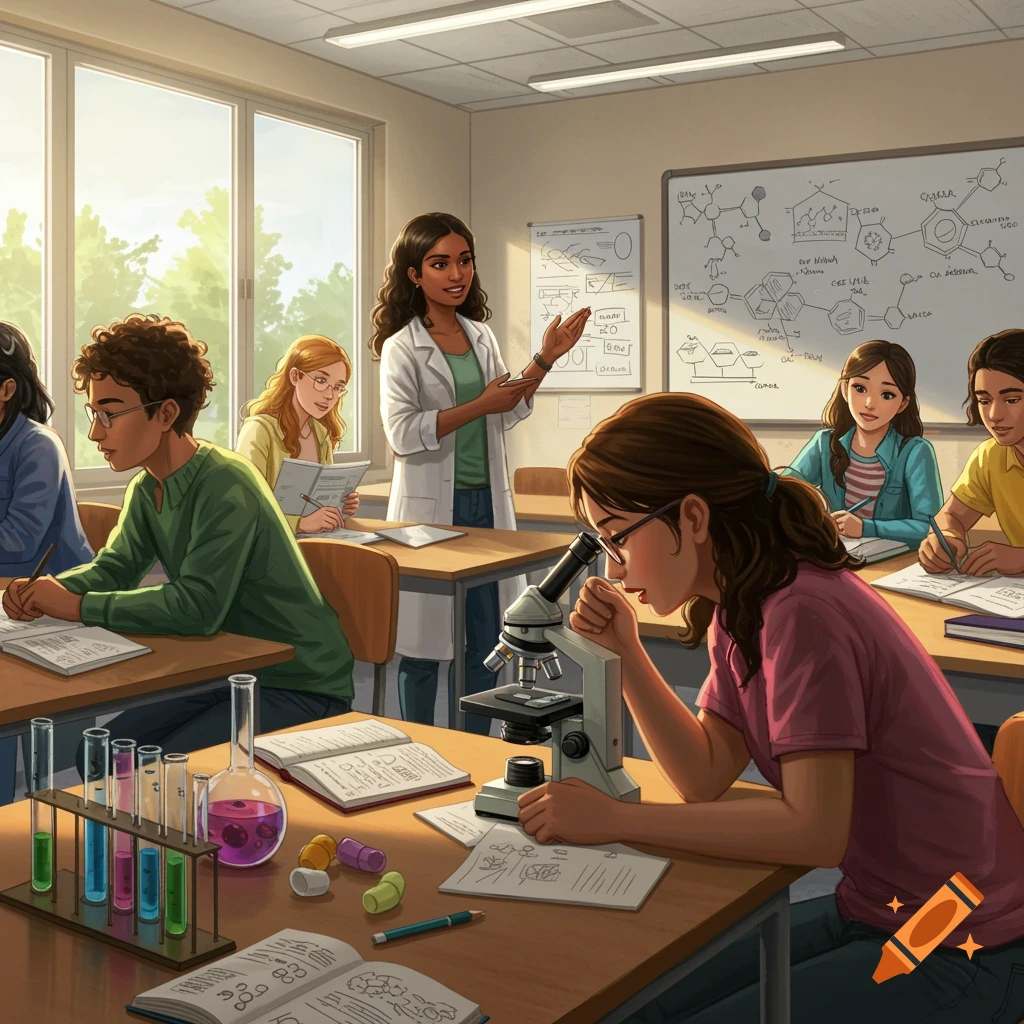 A diverse biology class with a teacher, students using microscopes and writing notes, and a whiteboard with diagrams.