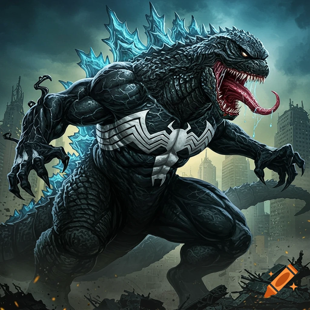 A Godzilla-Venom hybrid monster stands in a destroyed city.