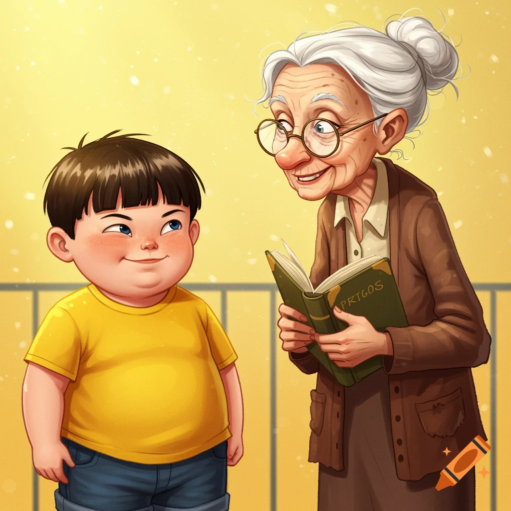 Cartoon illustration of a boy and an elderly teacher smiling and reading a book.