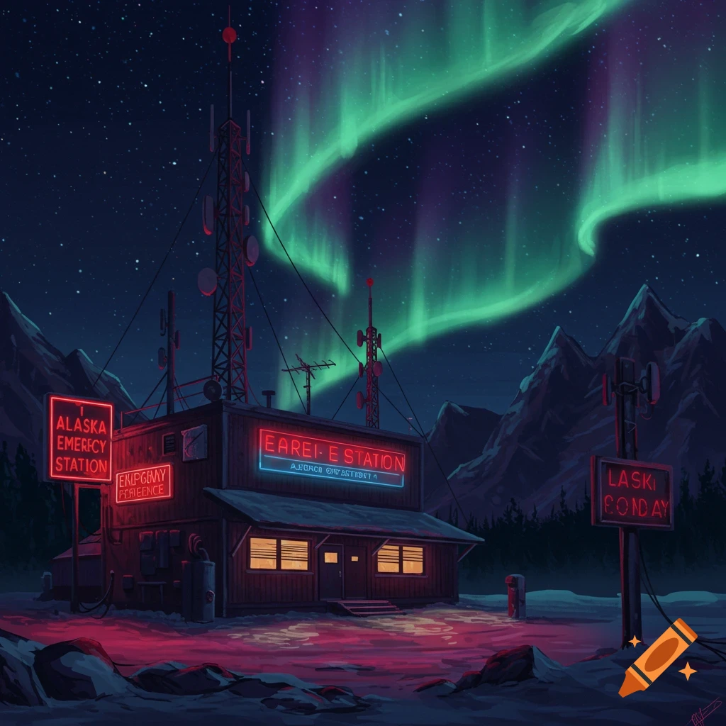 A remote station with radio towers under the Northern Lights and a starry sky in a snowy mountain landscape.