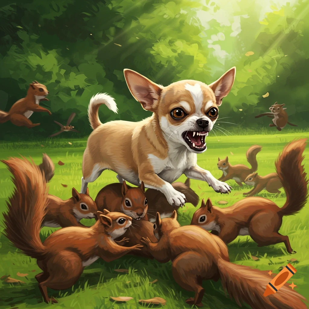 A chihuahua barks fiercely at several squirrels in a park.