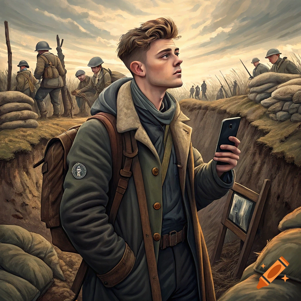 A young man with a phone in a historical war trench with soldiers.
