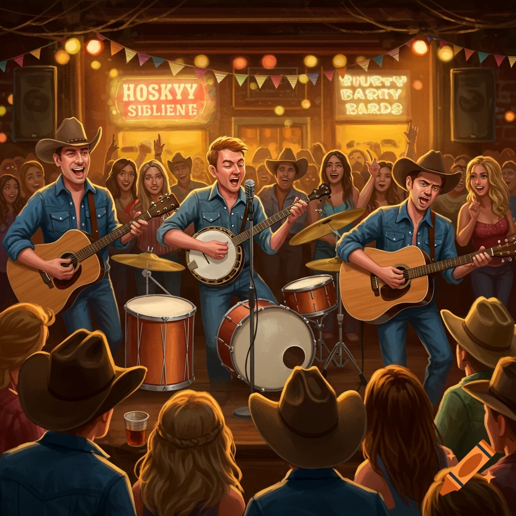 A lively country band performs on stage for a crowd in a honky-tonk bar.
