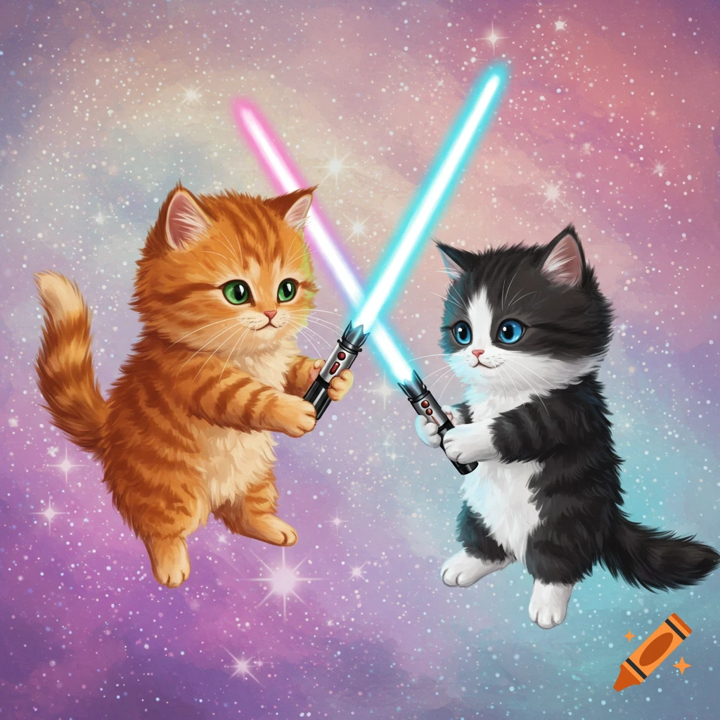 Two kittens, one orange and one black and white, dueling with pink and blue lightsabers in a starry space background.