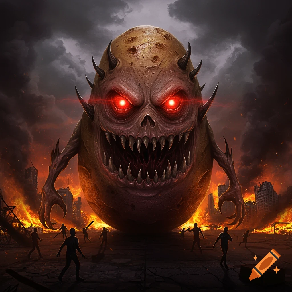 A giant monstrous potato with glowing red eyes and sharp teeth towers over a burning city as tiny figures run away.