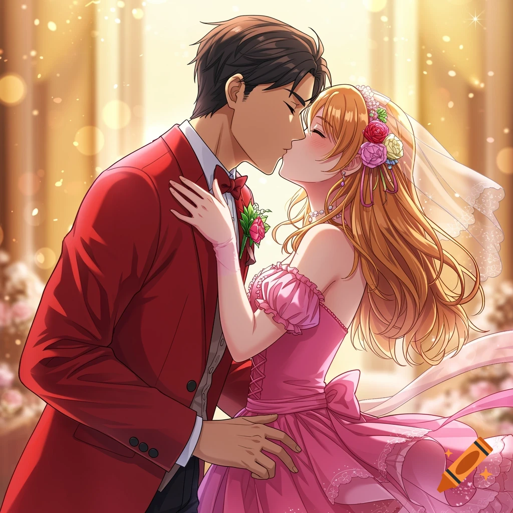 Anime illustration of a wedding couple kissing in a romantic, light-filled setting.