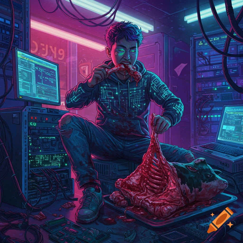 A person is eating meat from a cow carcass in a server room, cyberpunk style.