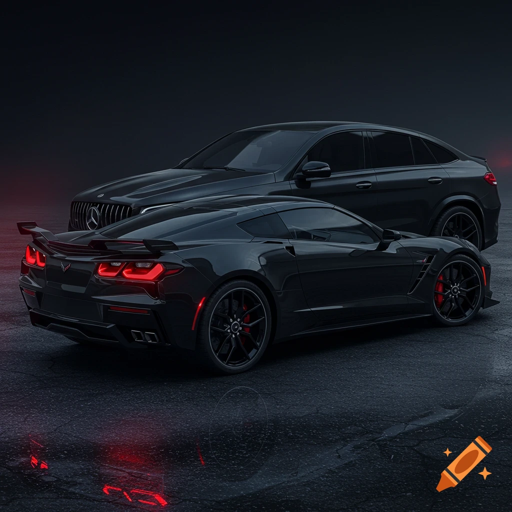 Black Corvette sports car parked in front of a black Mercedes SUV coupe at night