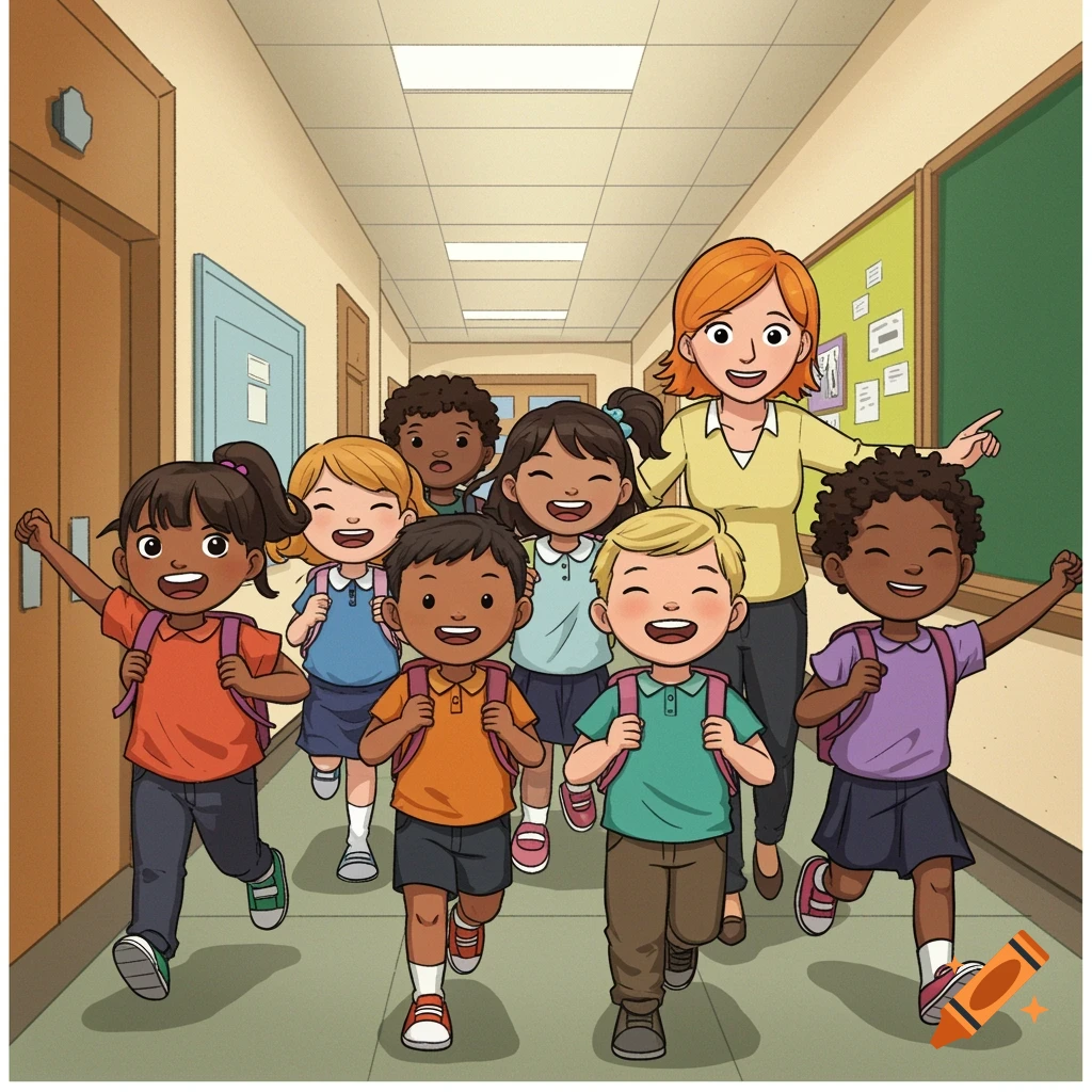 Diverse cartoon kids and teacher running down school hallway.