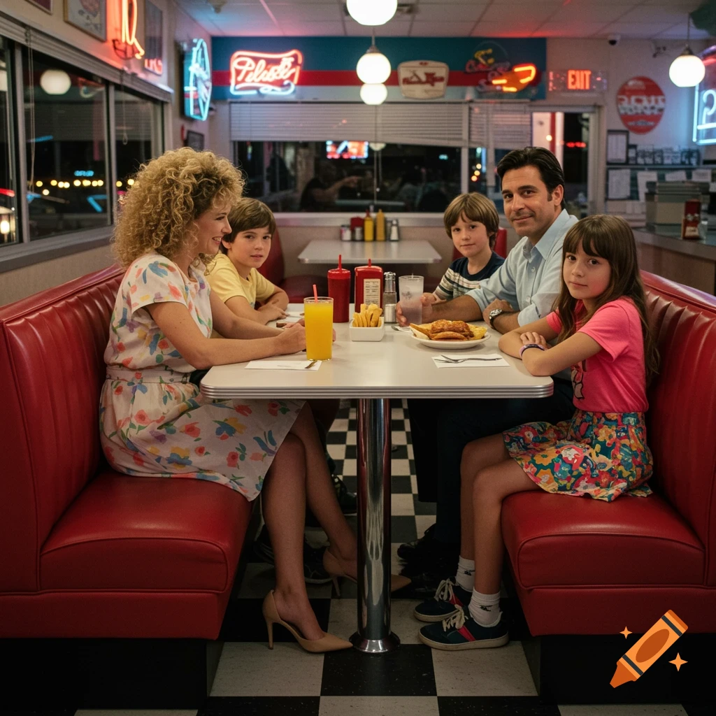 A family of four sits in a red booth at a classic 1980s diner, smiling at the camera.