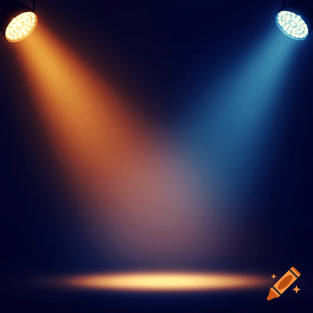 Two spotlights, one orange and one blue, illuminate a dark stage.
