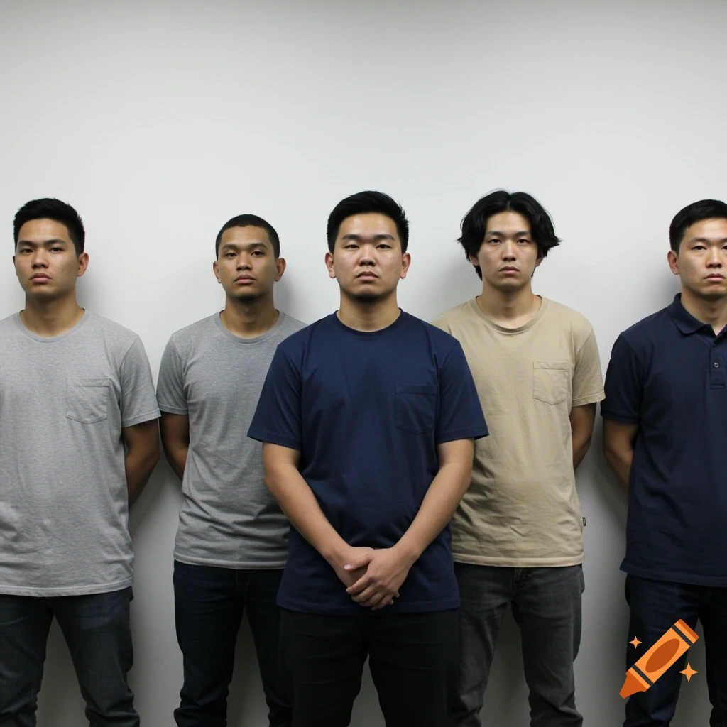 Five men stand in a line against a white wall, resembling a suspect line-up.