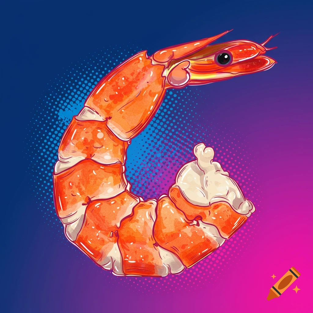 A cooked shrimp against a blue and pink background.