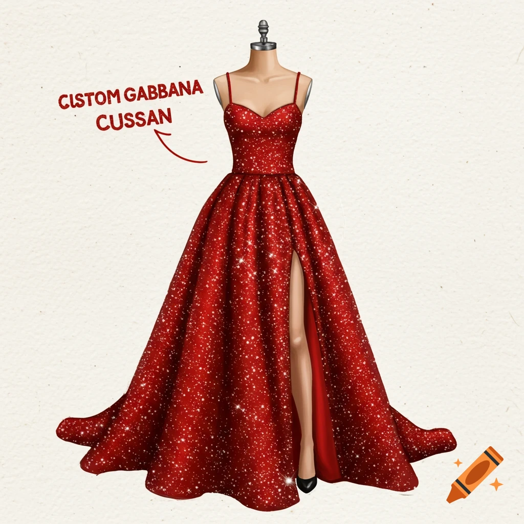 A sparkly red ball gown with a high slit is shown on a mannequin.
