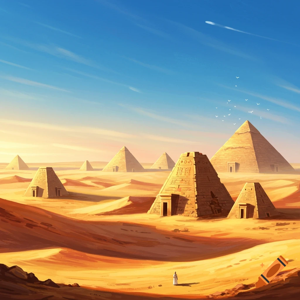 Ancient pyramids stand in a desert landscape with a lone figure.