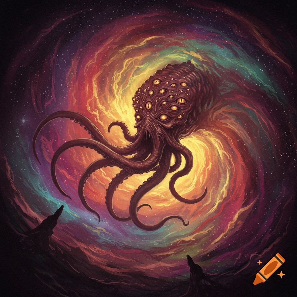 A multi-eyed tentacled creature is depicted in a swirling cosmic vortex with two figures below.