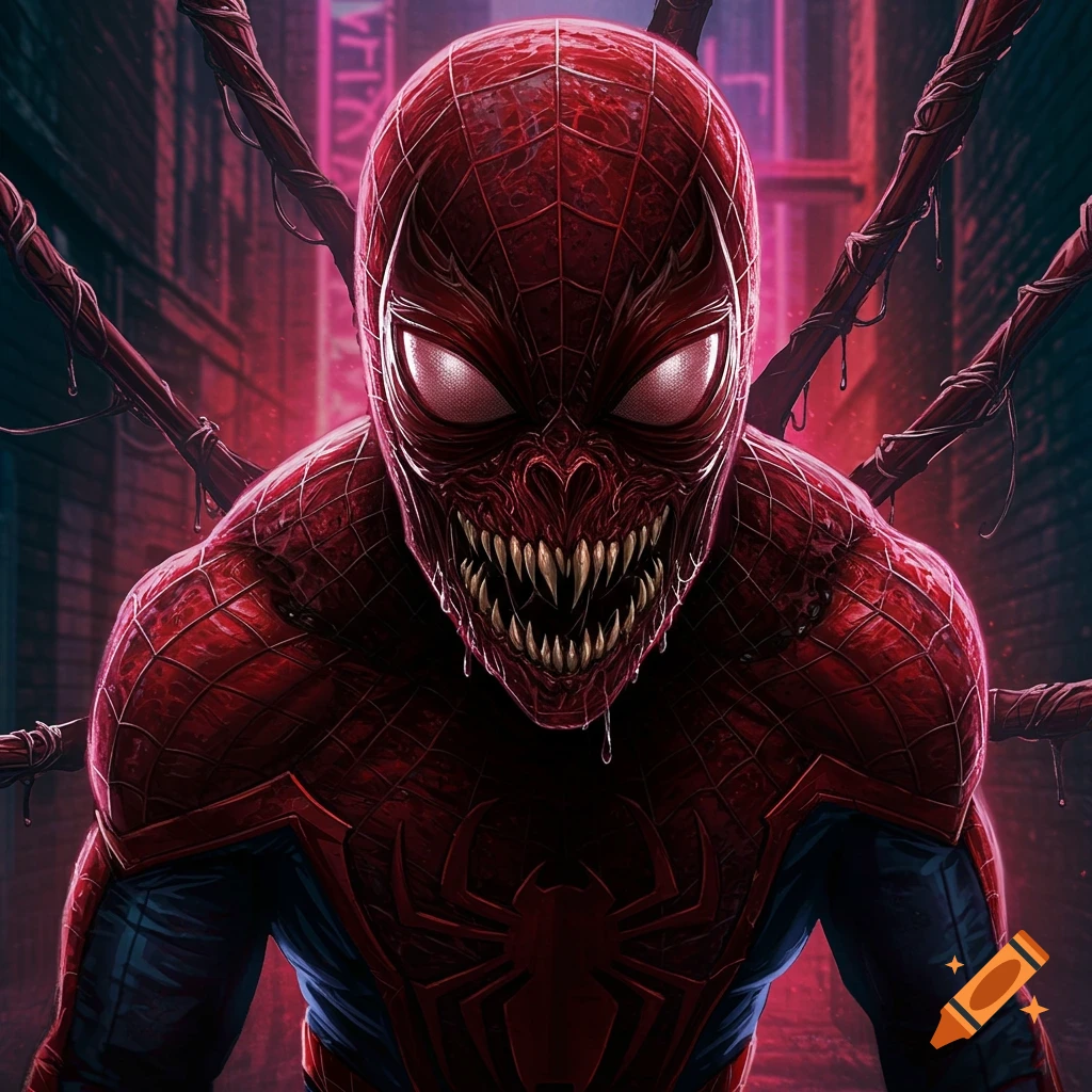 Close up of a monstrous Spider-Man with sharp teeth and glowing eyes in a dark alley.