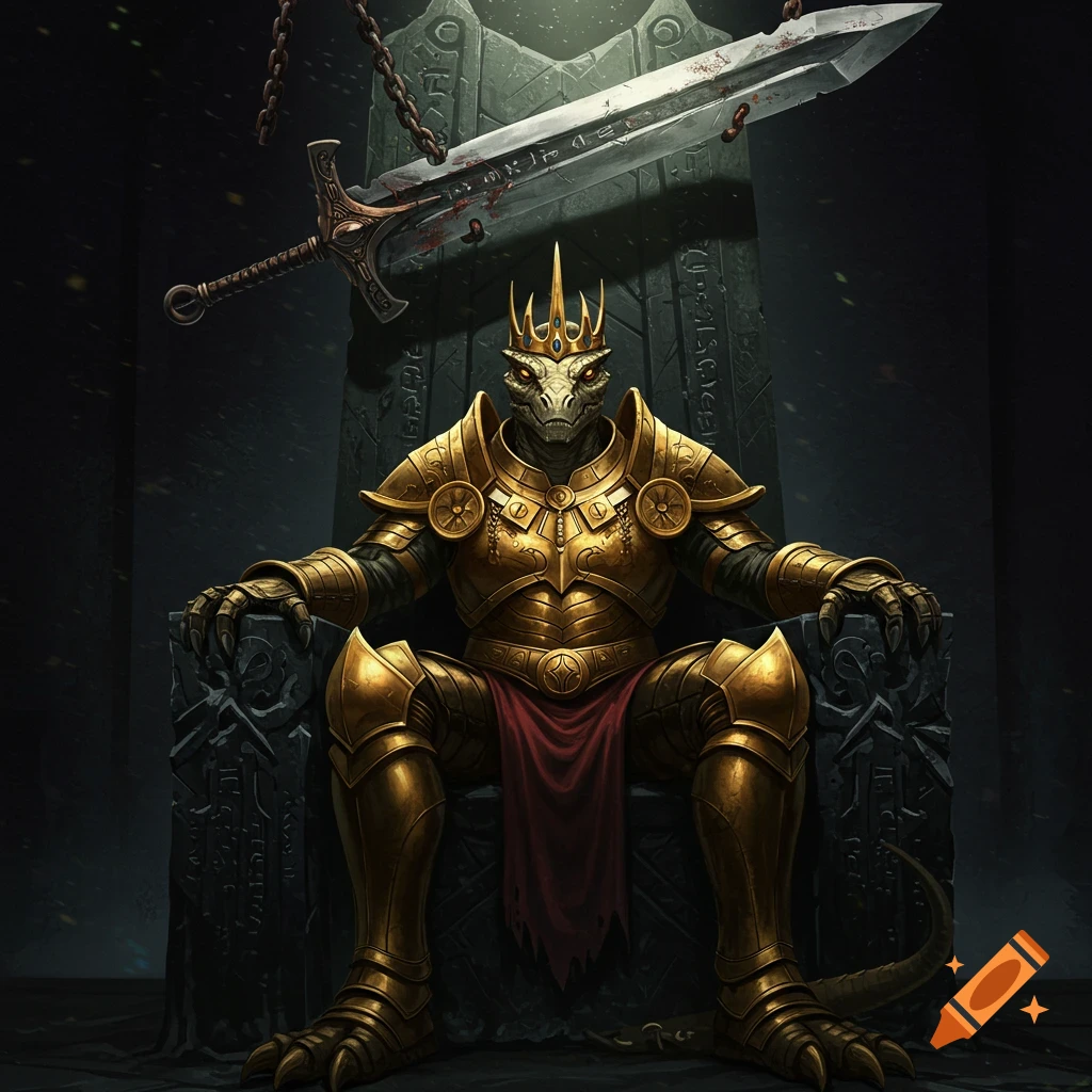 A reptilian king in golden armor sits on a throne beneath a bloody sword in a dark chamber.