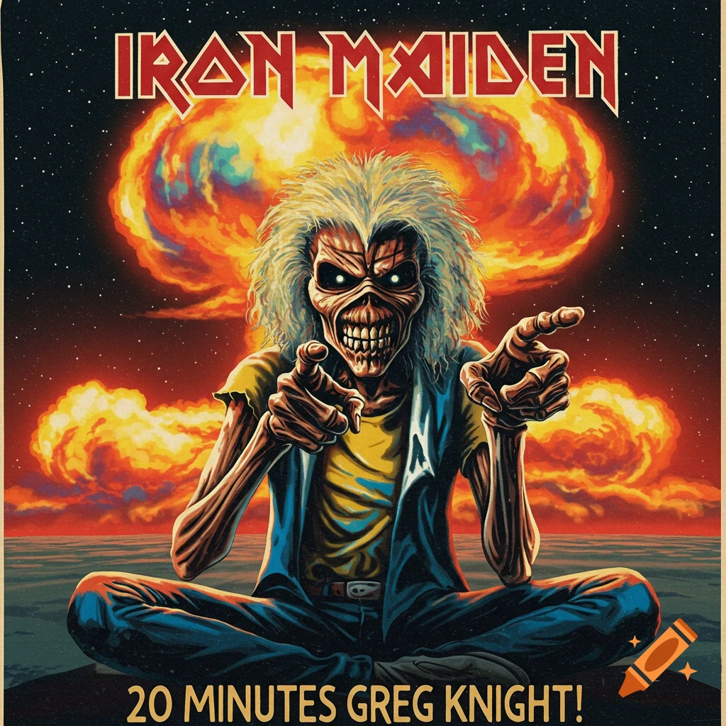 Stylized poster of the Iron Maiden mascot, Eddie, sitting cross-legged and pointing forward, with a large atomic bomb explosion behind him.