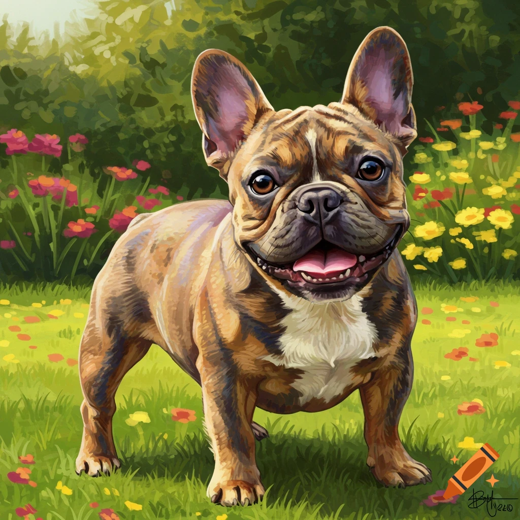A French bulldog stands in a garden.